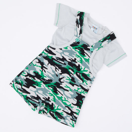 Jardineira de Verão Verde Militar com Blusa Branca Básica para Bebê Menino
