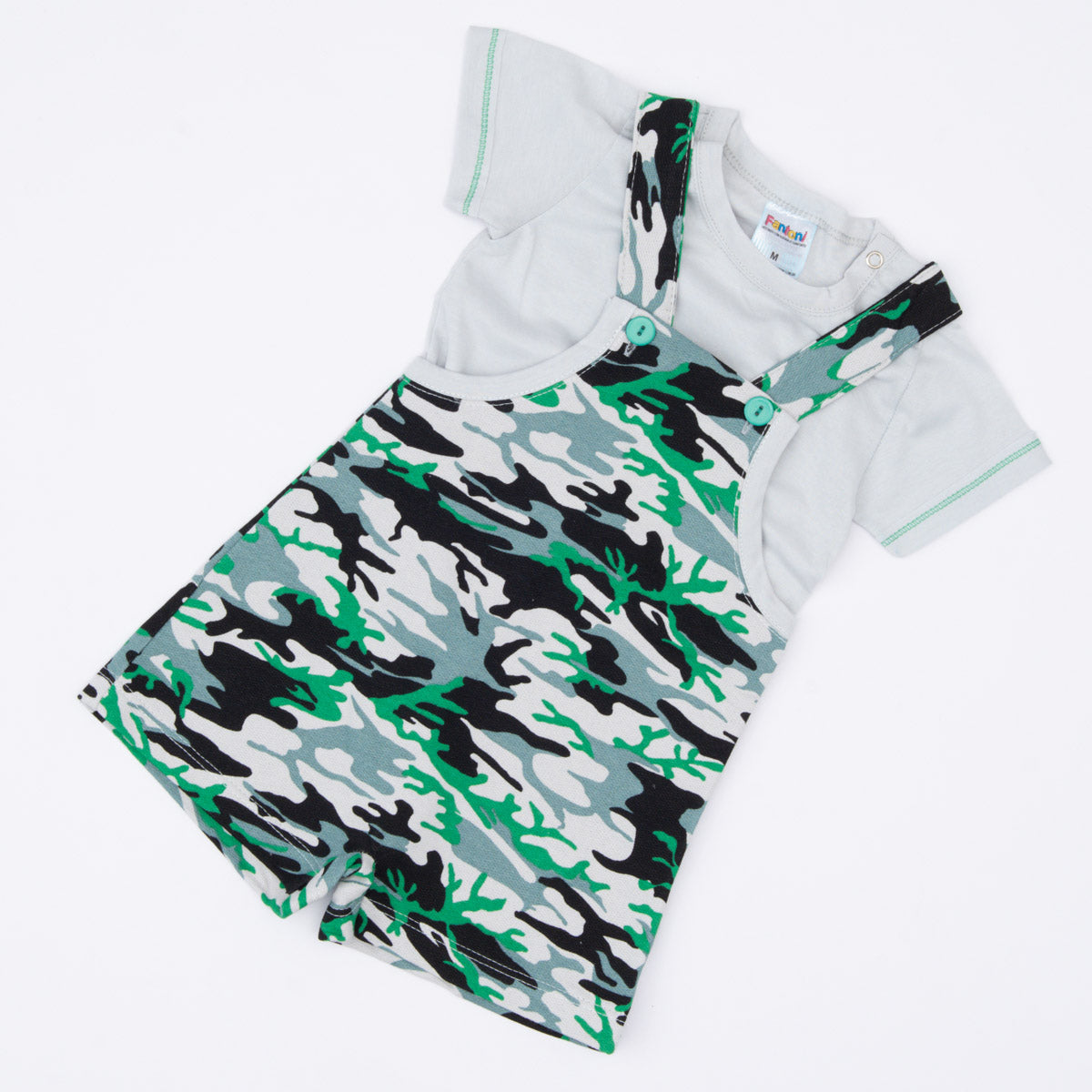 Jardineira de Verão Verde Militar com Blusa Branca Básica para Bebê Menino