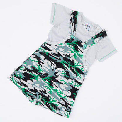 Jardineira de Verão Verde Militar com Blusa Branca Básica para Bebê Menino