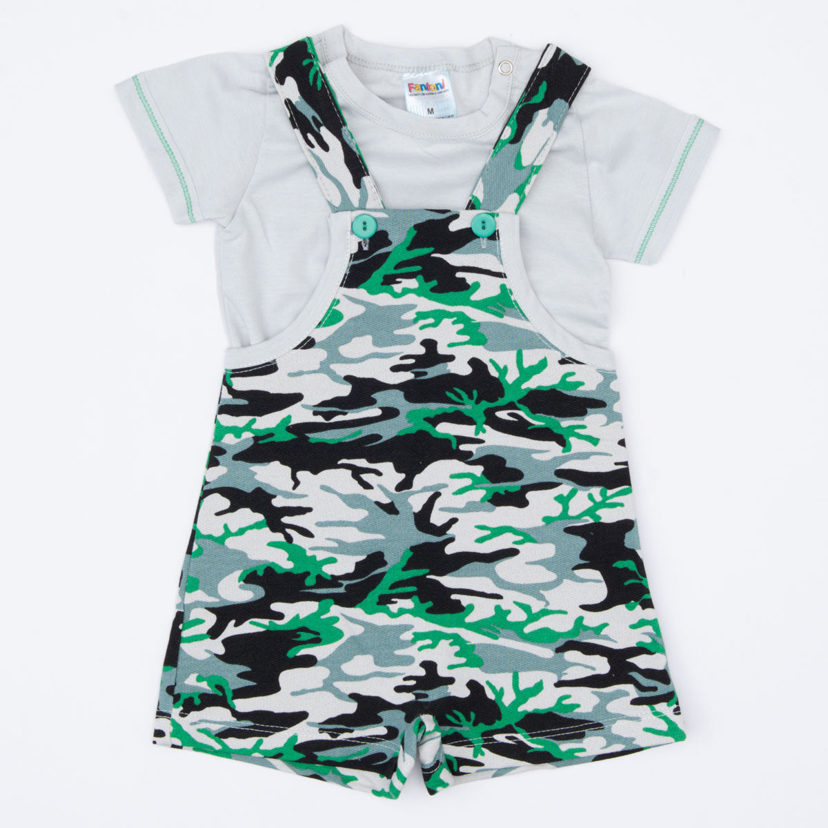Jardineira de Verão Verde Militar com Blusa Branca Básica para Bebê Menino