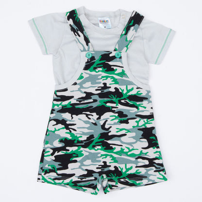 Jardineira de Verão Verde Militar com Blusa Branca Básica para Bebê Menino