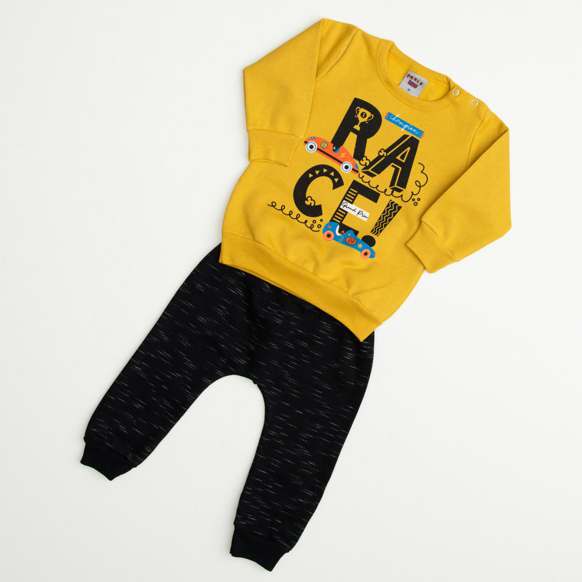 Conjunto de Inverno para Bebê Menino Casaco Amarelo Carro e Calça Preta Moletom