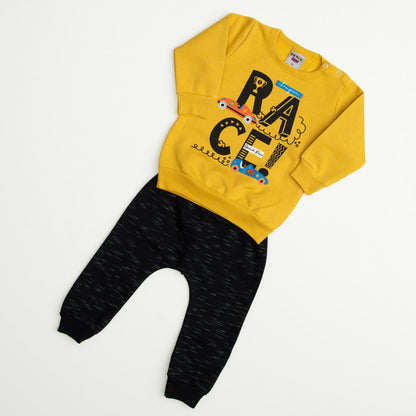 Conjunto de Inverno para Bebê Menino Casaco Amarelo Carro e Calça Preta Moletom
