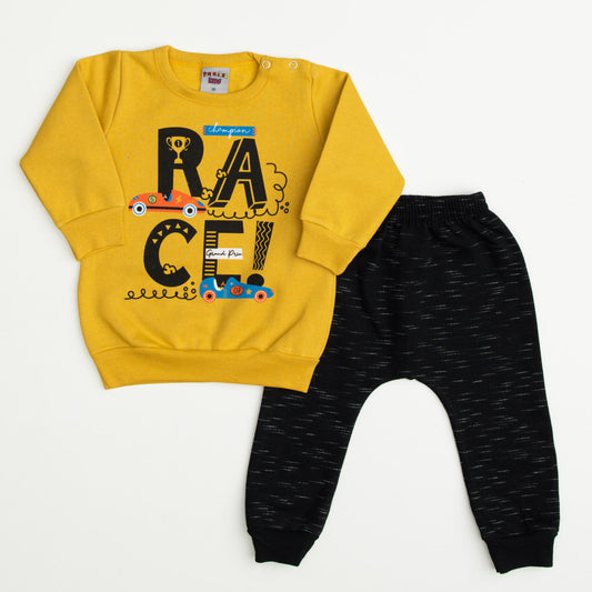 Conjunto de Inverno para Bebê Menino Casaco Amarelo Carro e Calça Preta Moletom