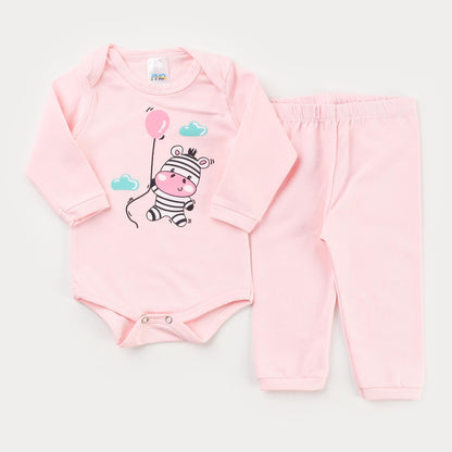 Conjunto de Frio Rosa para Bebê Menina Body Manga Longa Zebra e Calça Básica