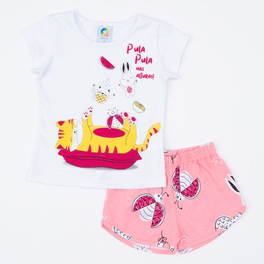 Conjunto de Verão para Bebê Menina Blusa Branca Gatinho e Short Rosa