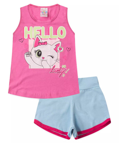 Conjunto Curto para Menina no Gatinho Rosa