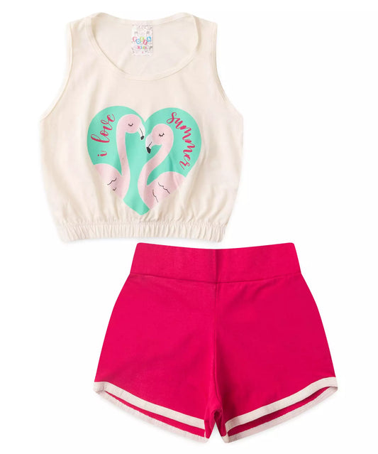Conjunto de Verão Infantil Feminino Flamingo Marfim