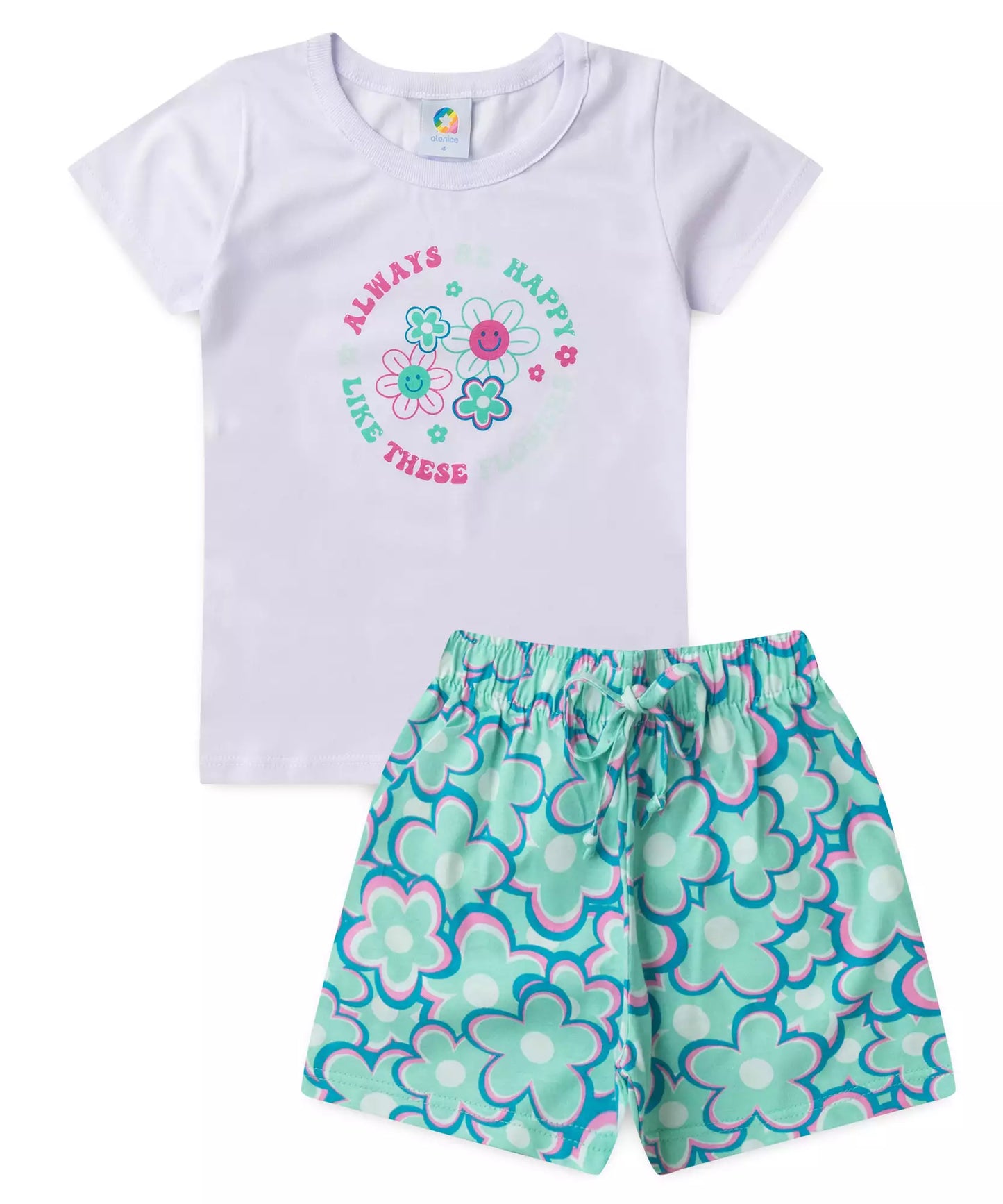 Conjunto de Verão Infantil Feminino Flores no Branco