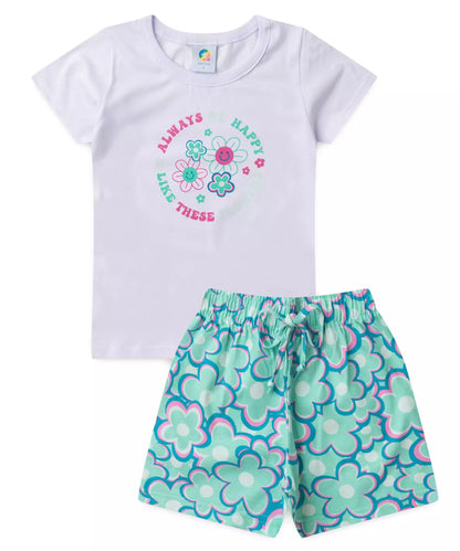 Conjunto de Verão Infantil Feminino Flores no Branco