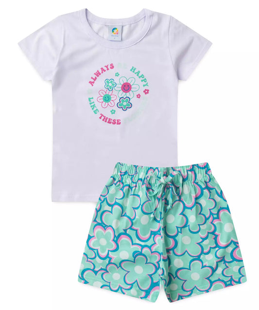 Conjunto de Verão Infantil Feminino Flores no Branco