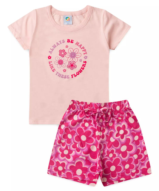 Conjunto de Verão Infantil Feminino Flores no Rosa
