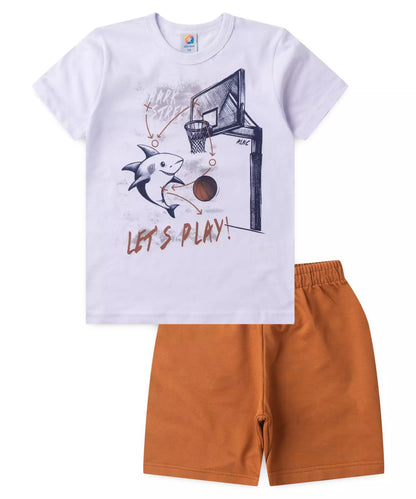 Conjunto de Verão Infantil Masculino Basquete Branco
