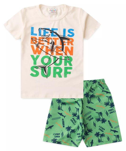 Conjunto de Verão Infantil Masculino Surf Marfim