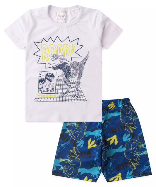 Conjunto de Verão Infantil Masculino T-Rex Branco