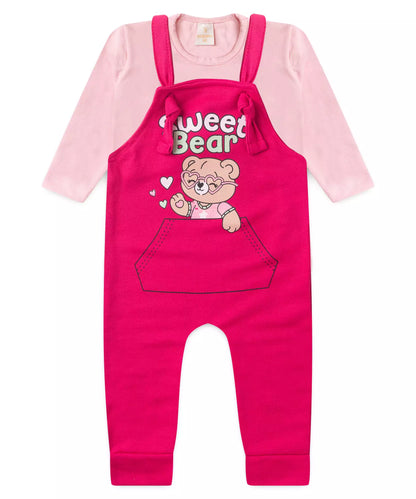Jardineira de Inverno para Bebê Menina em Ursinho Pink