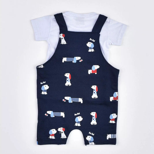 Jardineira para Bebê Menino Marinho com Estampa de Cachorrinho e Blusa Branca