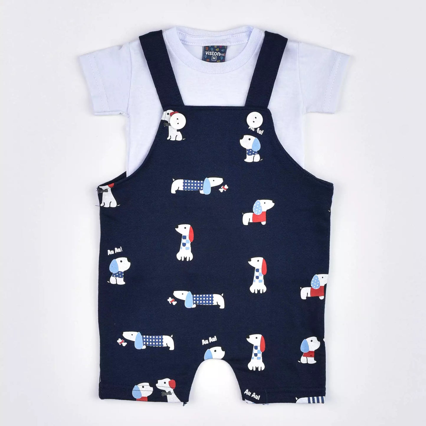 Jardineira para Bebê Menino Marinho com Estampa de Cachorrinho e Blusa Branca