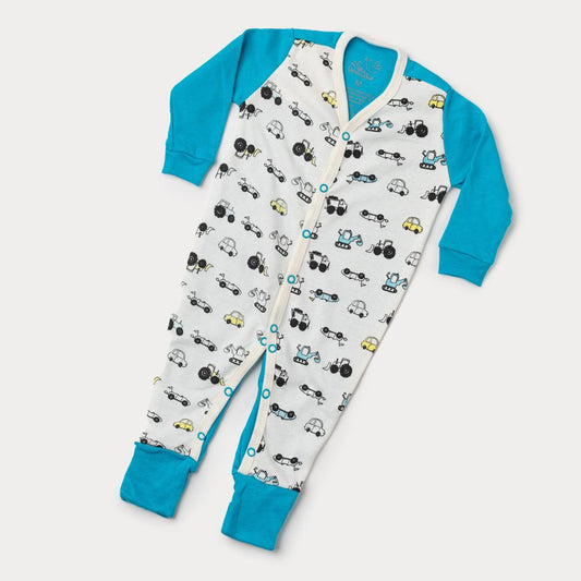 Macacão de Bebê Menino Azul Caminhão com Pé Reversível