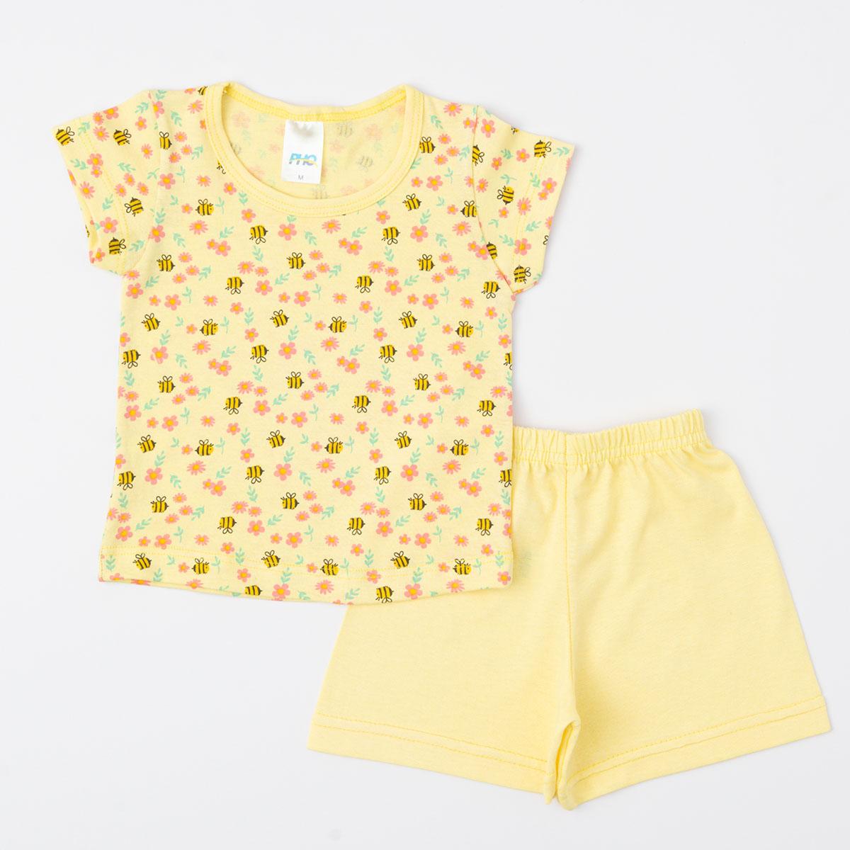Pijama Amarelo para Bebê Menina Blusa Abelinha e Short Básico