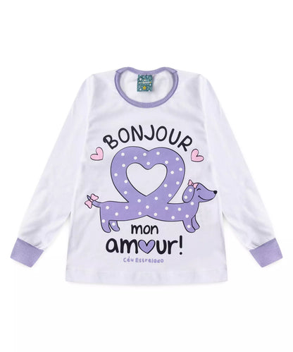 Pijama de Inverno Infantil Feminino Cachorrinho Branco
