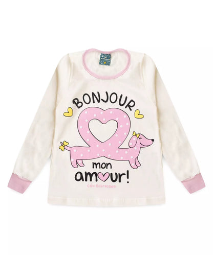 Pijama de Inverno Infantil Feminino Cachorrinho Marfim