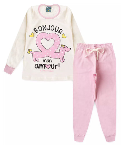Pijama de Inverno Infantil Feminino Cachorrinho Marfim