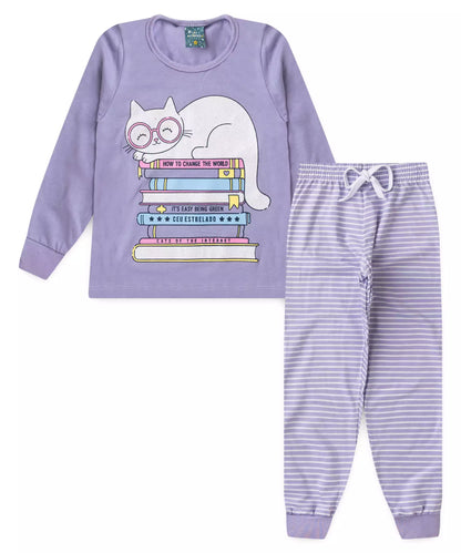Pijama de Inverno Infantil Feminino Gatinho Lilás
