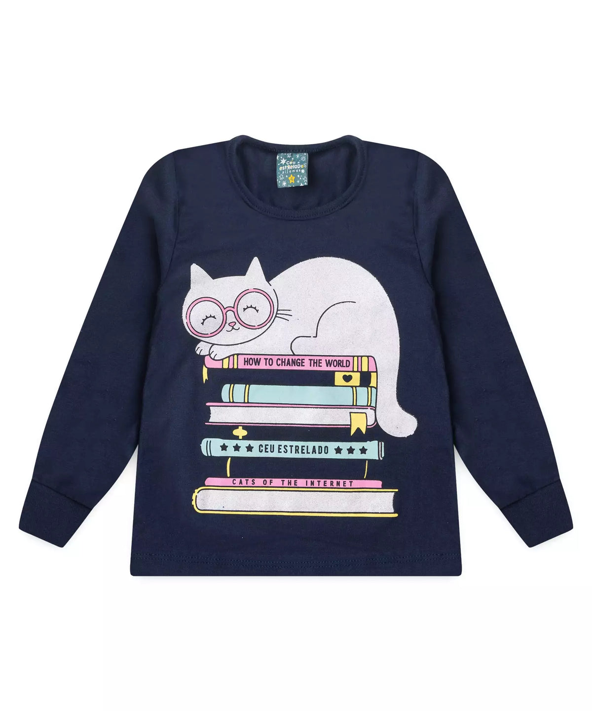 Pijama de Inverno Infantil Feminino Gatinho Marinho