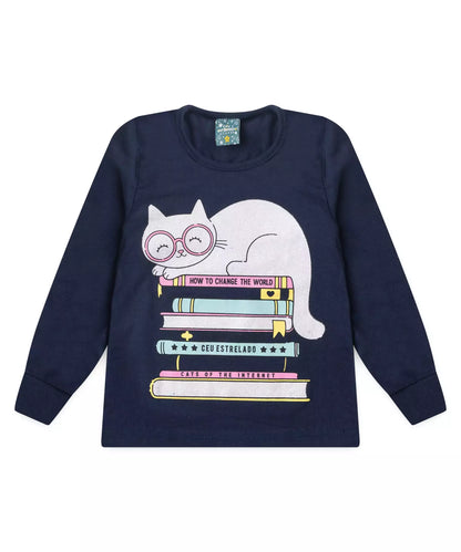 Pijama de Inverno Infantil Feminino Gatinho Marinho