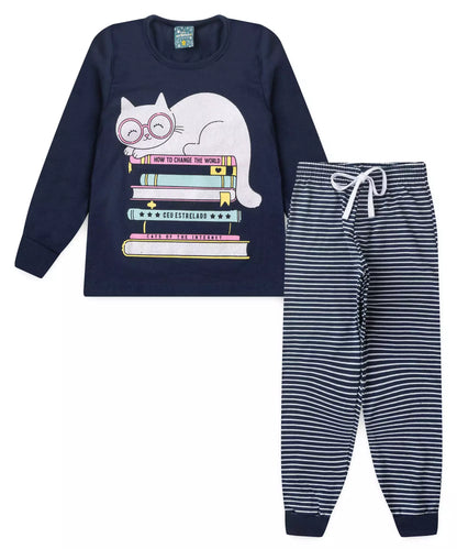 Pijama de Inverno Infantil Feminino Gatinho Marinho