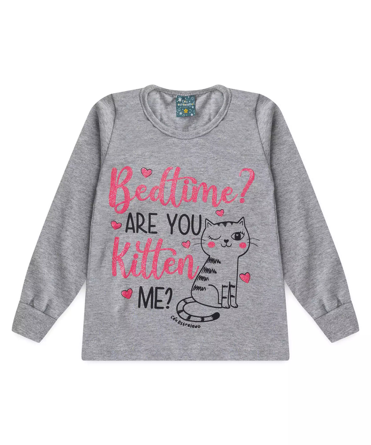 Pijama de Inverno Infantil Feminino Gato Mescla