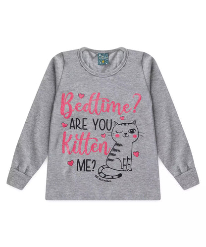 Pijama de Inverno Infantil Feminino Gato Mescla