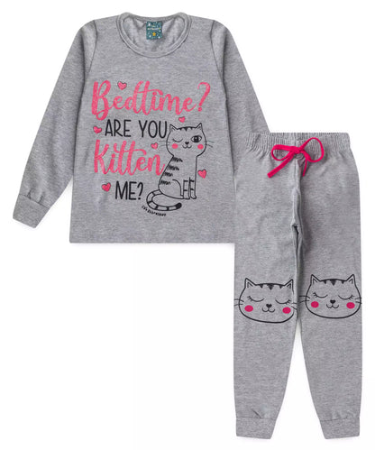 Pijama de Inverno Infantil Feminino Gato Mescla