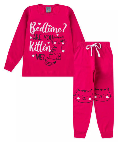 Pijama de Inverno Infantil Feminino Gato Pink
