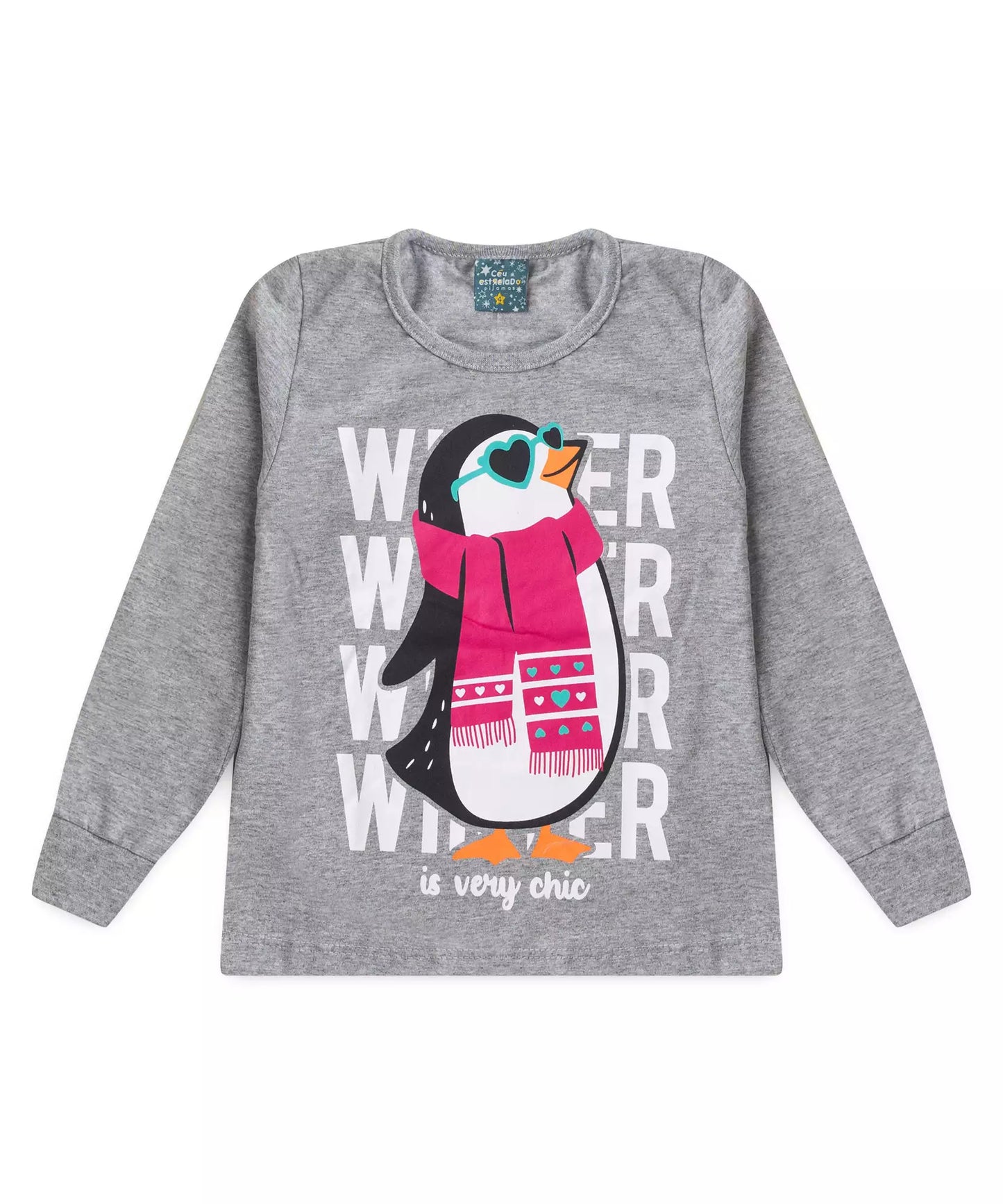 Pijama de Inverno Infantil Feminino Pinguim Mescla