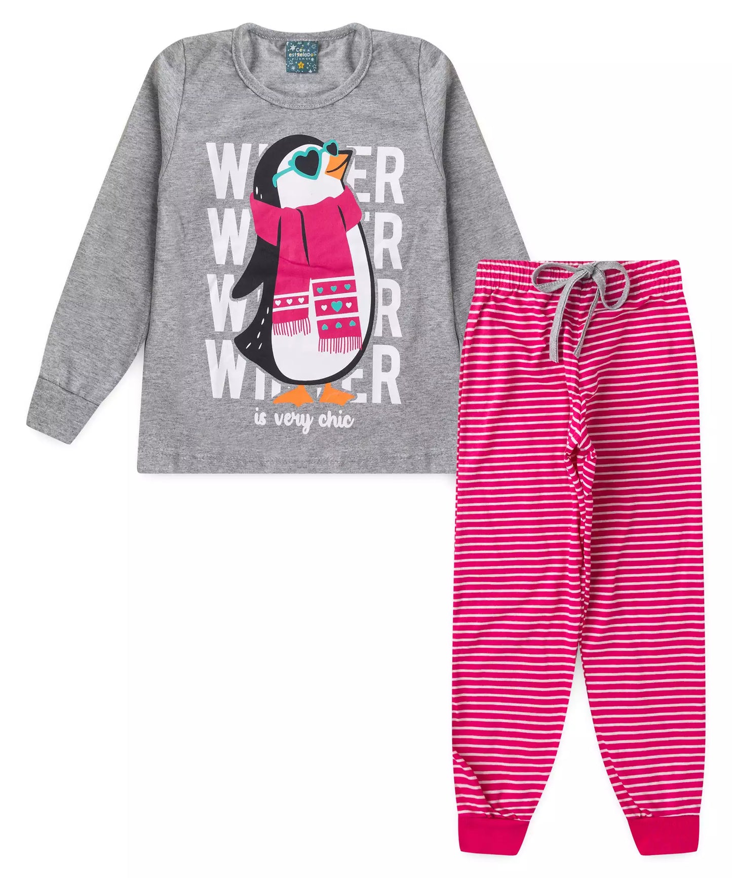 Pijama de Inverno Infantil Feminino Pinguim Mescla