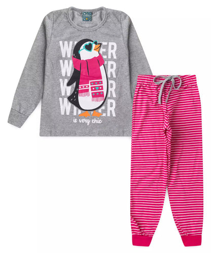 Pijama de Inverno Infantil Feminino Pinguim Mescla