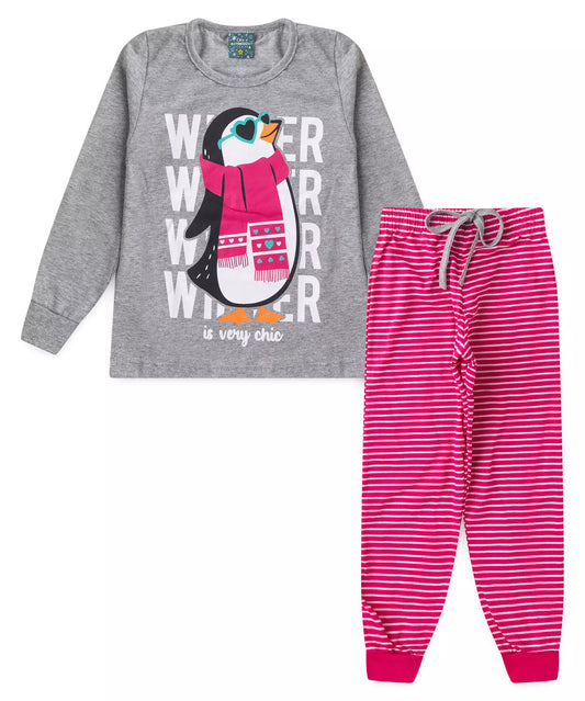 Pijama de Inverno Infantil Feminino Pinguim Mescla