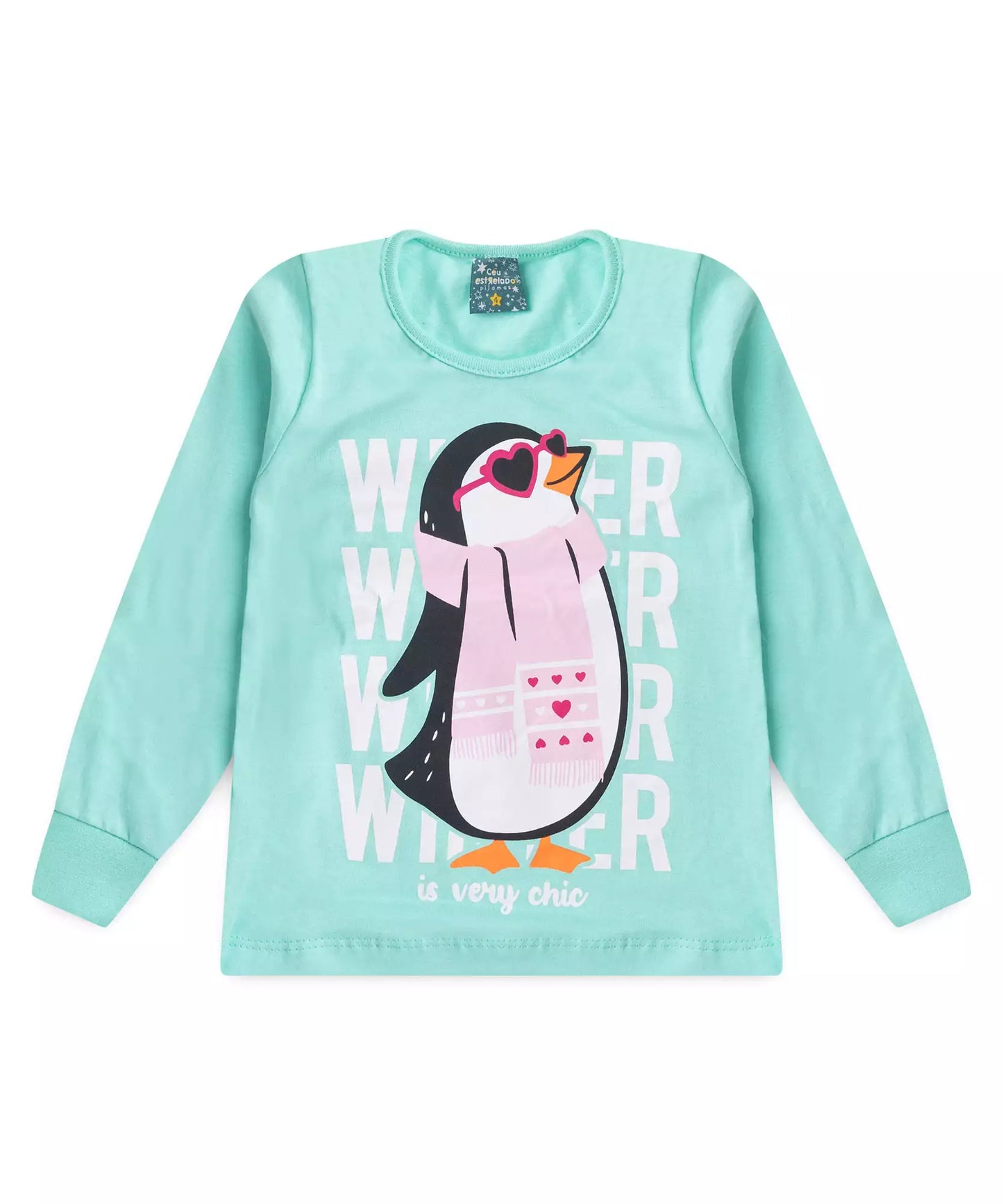 Pijama de Inverno Infantil Feminino Pinguim Verde