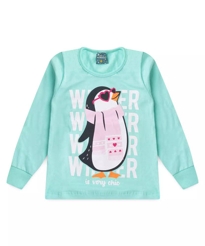 Pijama de Inverno Infantil Feminino Pinguim Verde