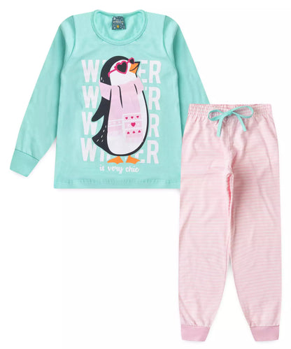 Pijama de Inverno Infantil Feminino Pinguim Verde