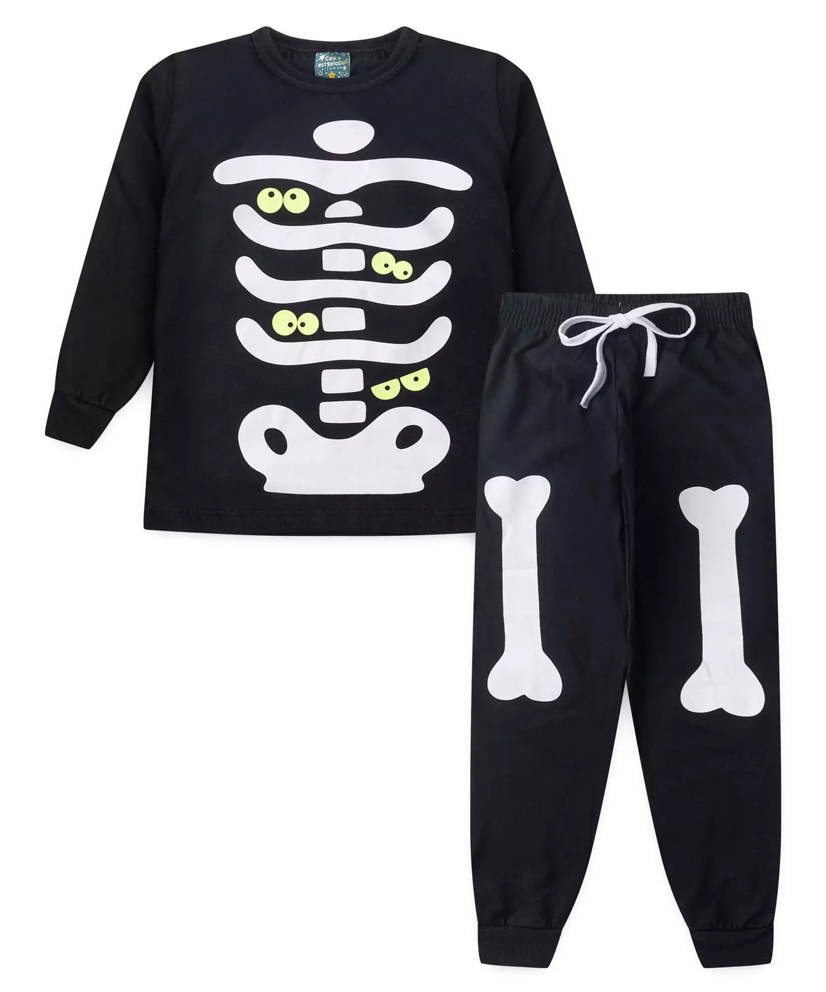 Pijama de Inverno Infantil Masculino Esqueleto Preto