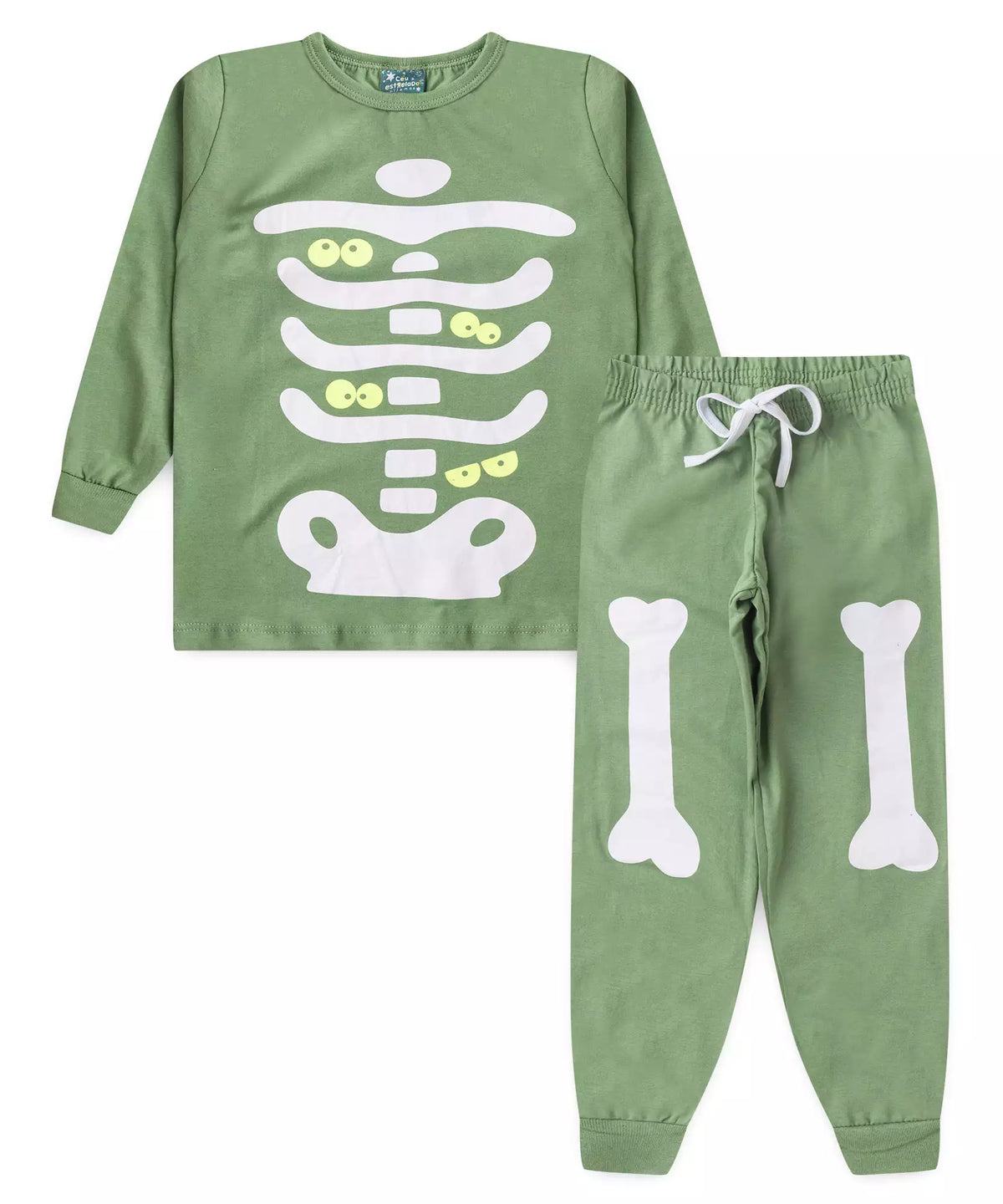Pijama de Inverno Infantil Masculino Esqueleto Verde