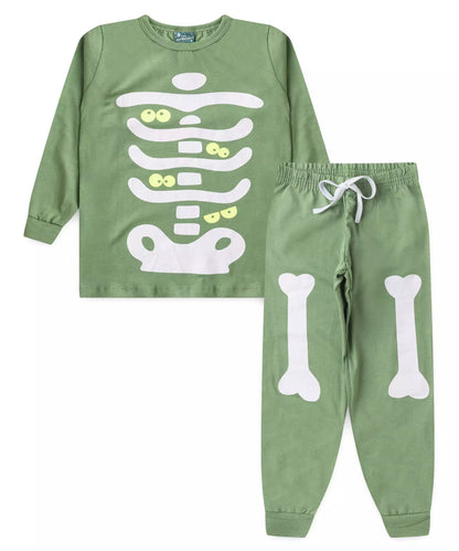 Pijama de Inverno Infantil Masculino Esqueleto Verde