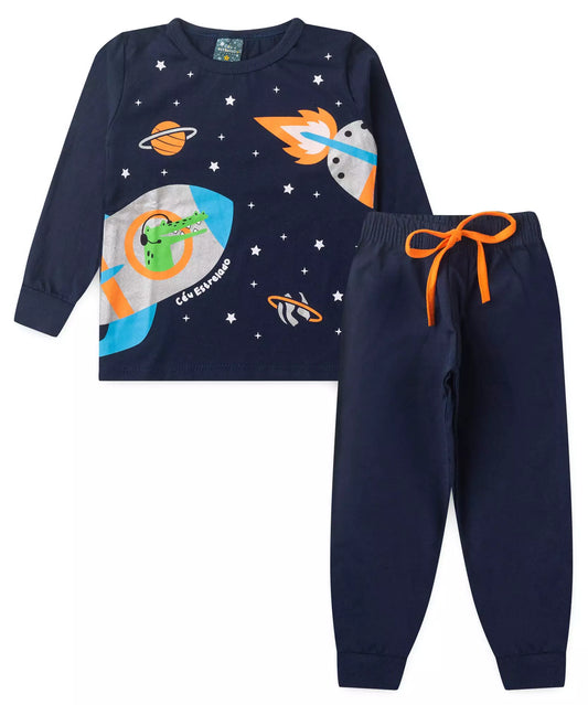 Pijama de Inverno para Menino Foguete Marinho
