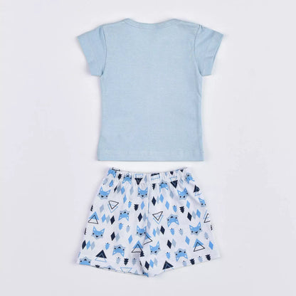 Pijama de Verão Bebê Menino Blusa Azul Bichinhos e Short Estampado