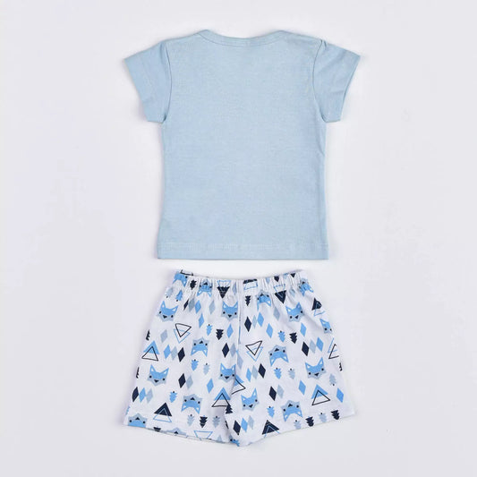 Pijama de Verão Bebê Menino Blusa Azul Bichinhos e Short Estampado