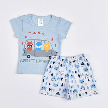 Pijama de Verão Bebê Menino Blusa Azul Bichinhos e Short Estampado