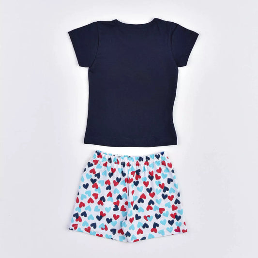 Pijama de Verão Infantil Feminino Blusa Marinho Gatinho e Short Branco Coração